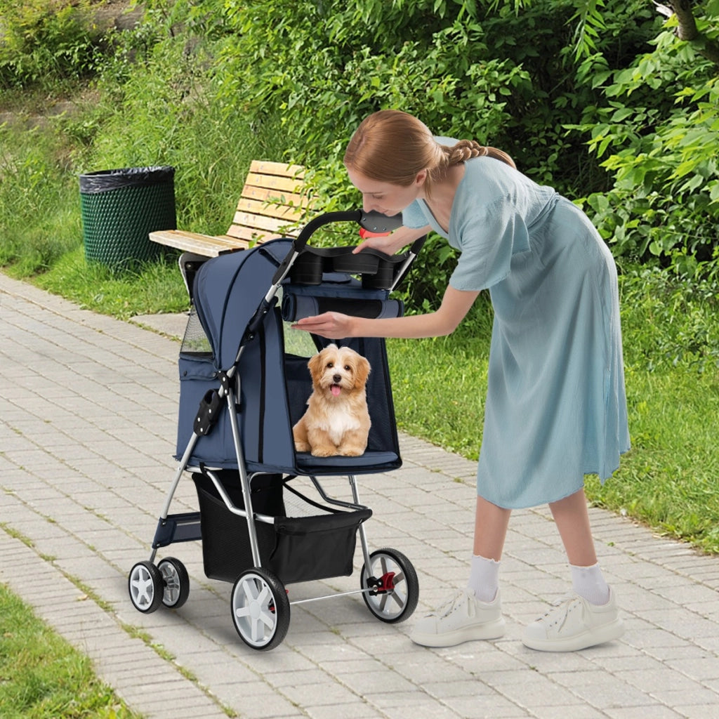 Passeggino per animali domestici a 4 ruote con cestino portaoggetti, Trasportino da viaggio portatile Blu scuro-Giochi e accessori per cani