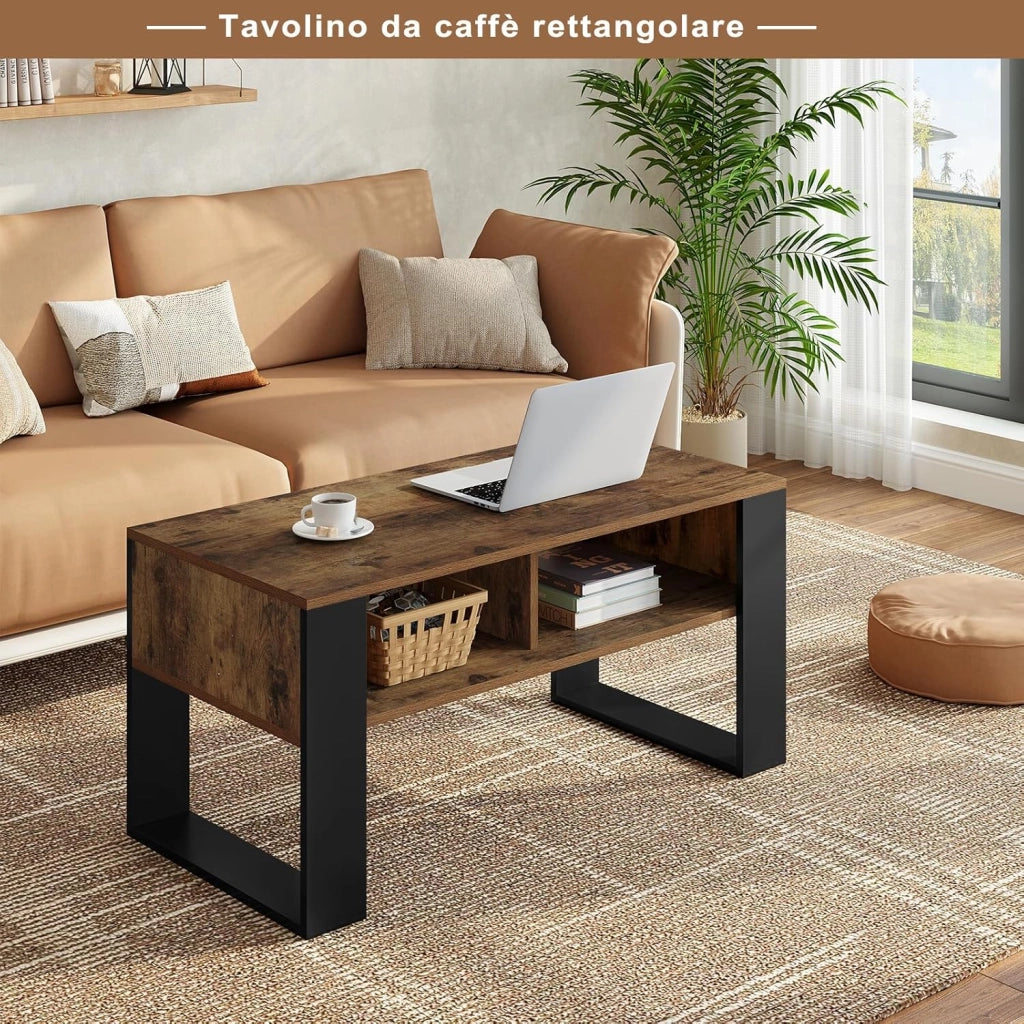 Tavolino da Salotto/Divano con 2 Scomparti Aperti, Tavolino Basso, Tavolo Laterale per Soggiorno, Camera da Letto, in Legno, Marrone Rustico + Nero, 90x45x45 cm, BTS16hov