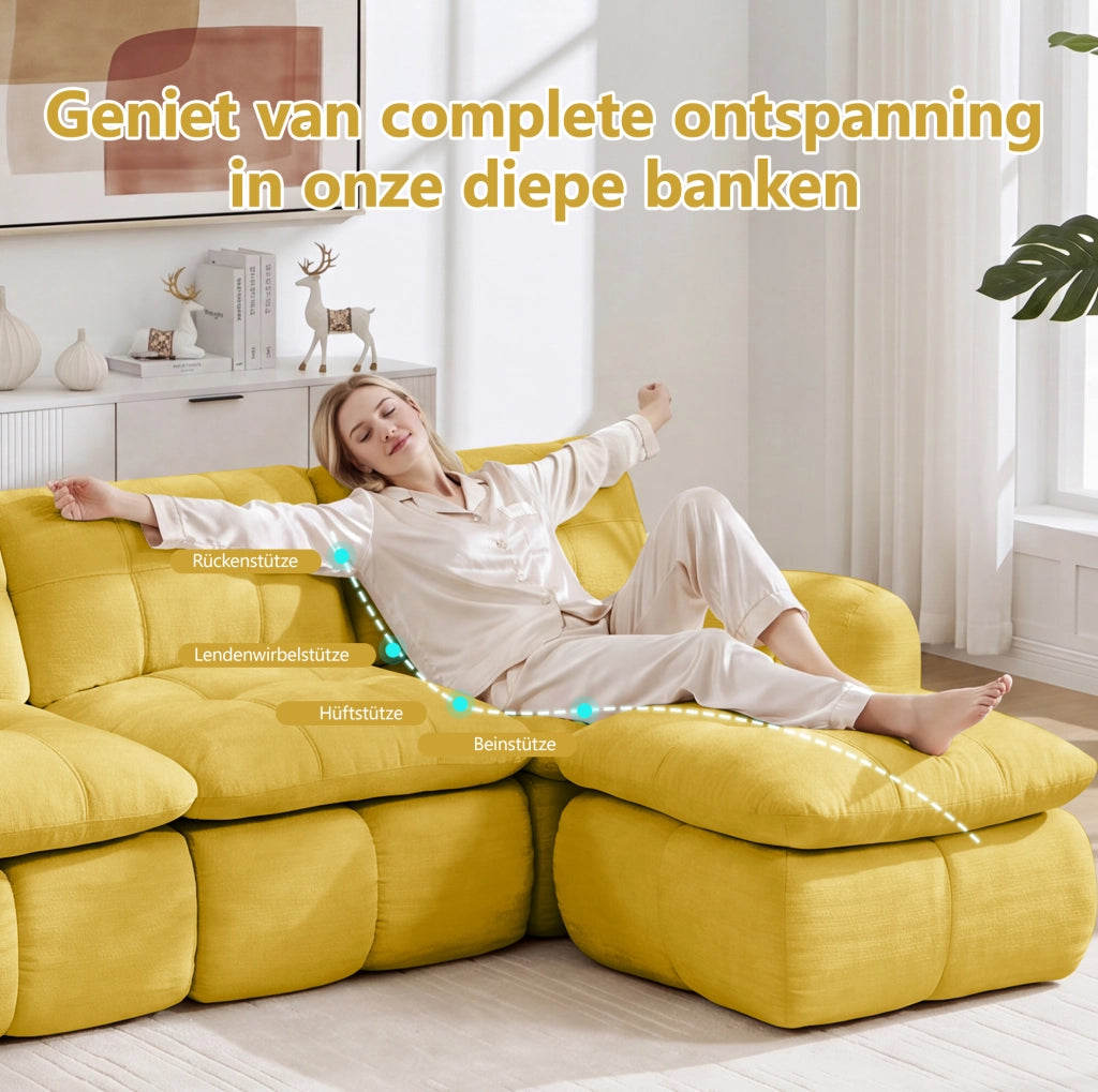 Divano modulare angolare a 3 posti con pouf 264x160x68 cm in chenille gialla