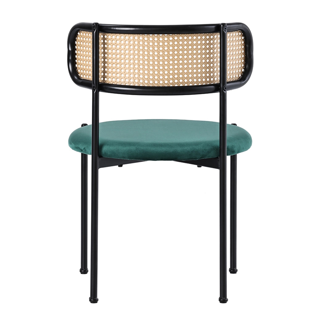 Sedia da pranzo set 4 pezzi in velluto con schienale in rattan e gambe in metallo verde