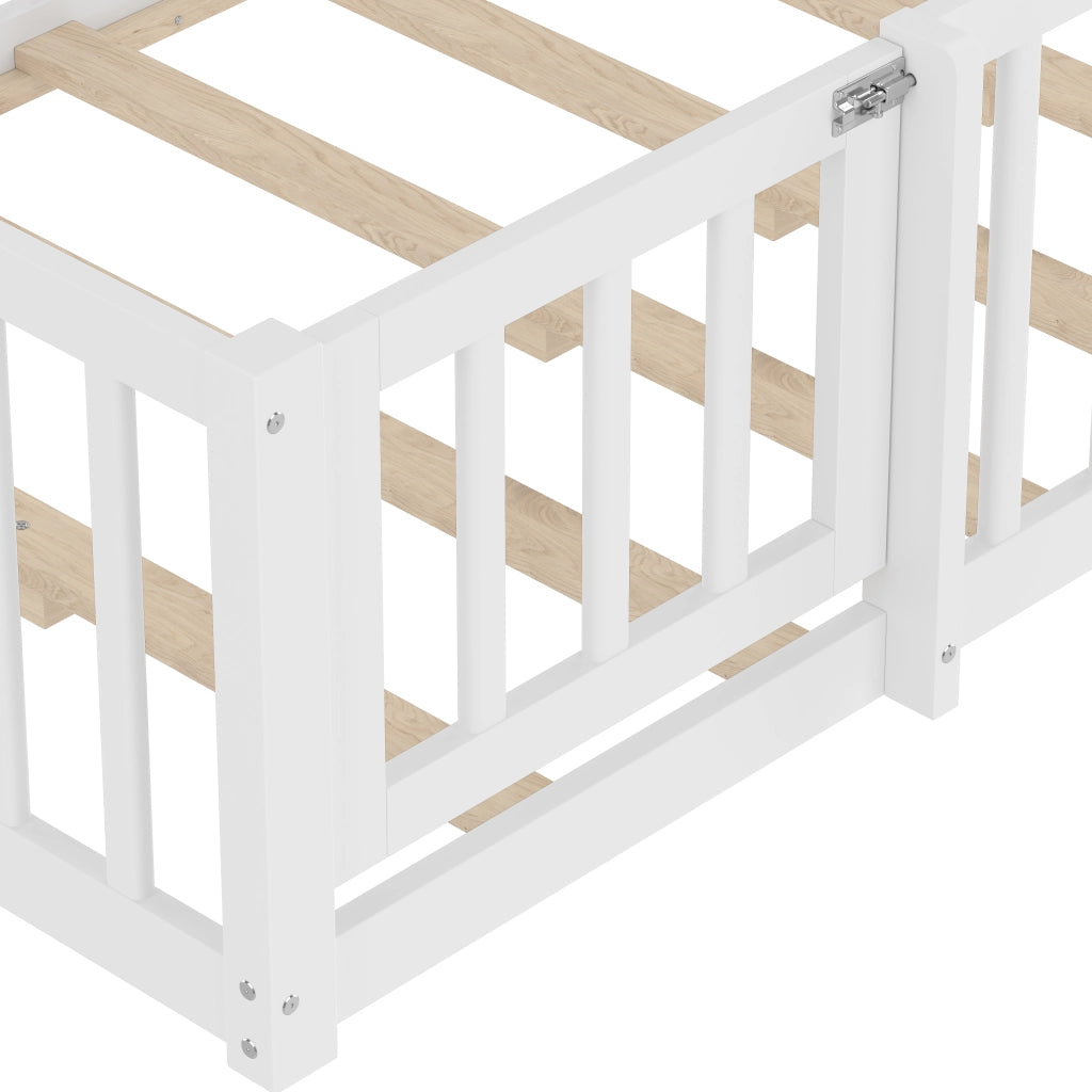 Letto a Casetta 90×190 cm; Letto Singolo per Bambini con Sponda con Chiusura; senza Materasso; Bianco