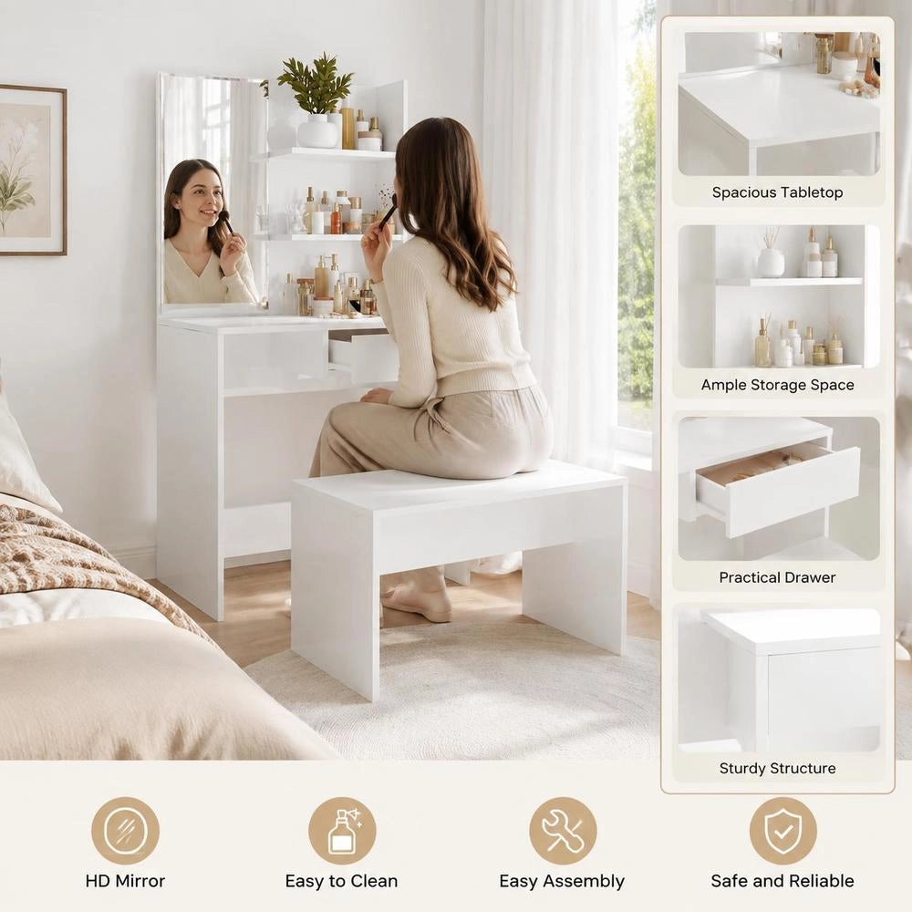 Dressing Table With Mirror, High-gloss White, 74.5x40x141 Cm