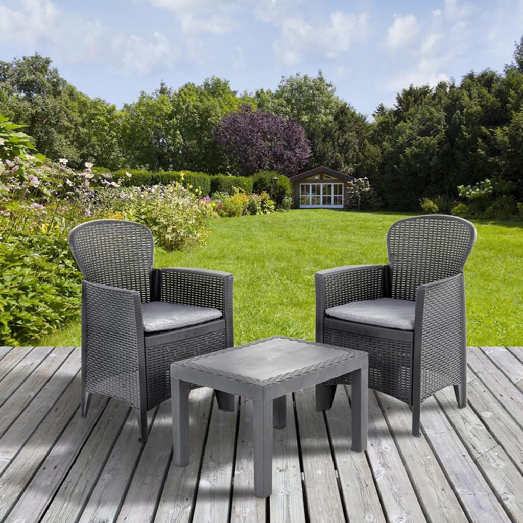 Set salotto da esterno Aneta, Set da giardino con cuscini composto da 2 poltrone e 1 tavolino, Salottino indoor, 100% Made in Italy, Cm 60x58h86, Antracite
