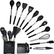 Set di accessori da cucina a 13 pezzi, 100% BPA libero, silicone termoresistente, rivestimento antiaderente, manico e supporto in acciaio inossidabile con silicone, set di spatole di alta qualità (nero)