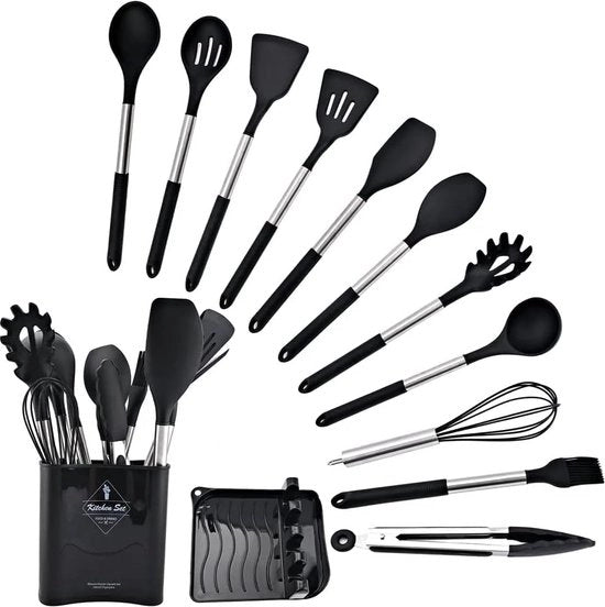 Set di accessori da cucina a 13 pezzi, 100% BPA libero, silicone termoresistente, rivestimento antiaderente, manico e supporto in acciaio inossidabile con silicone, set di spatole di alta qualità (nero)