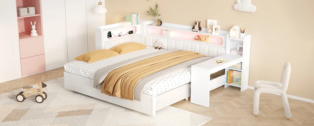 Divano Letto Imbottito Bianco 90x200 cm con Letto Estraibile 180x200 cm, USB, LED e Scrivania Integrata