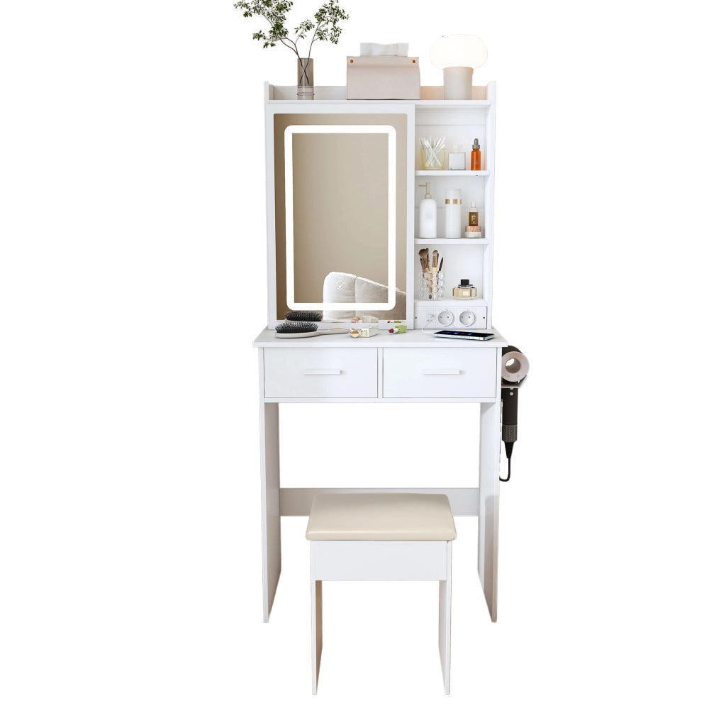 Tavolo trucco con specchio e LED regolabile; 60 cm; bianco in MDF con sgabello