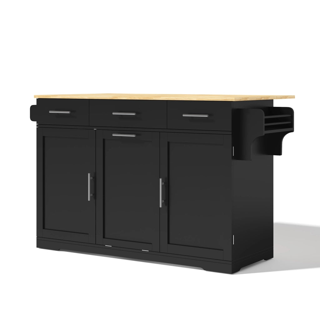 Carrello da cucina con 3 cassetti; 2 ante e vano rifiuti; portasciugamani e prese integrate; in MDF; nero e naturale
