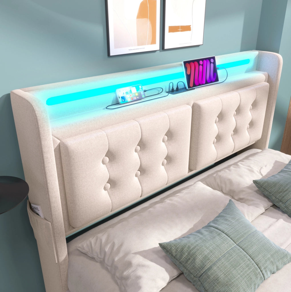 Letto imbottito 140x200 cm con LED; porte USB e USB-C; 4 cassetti; beige in tessuto cotone e lino