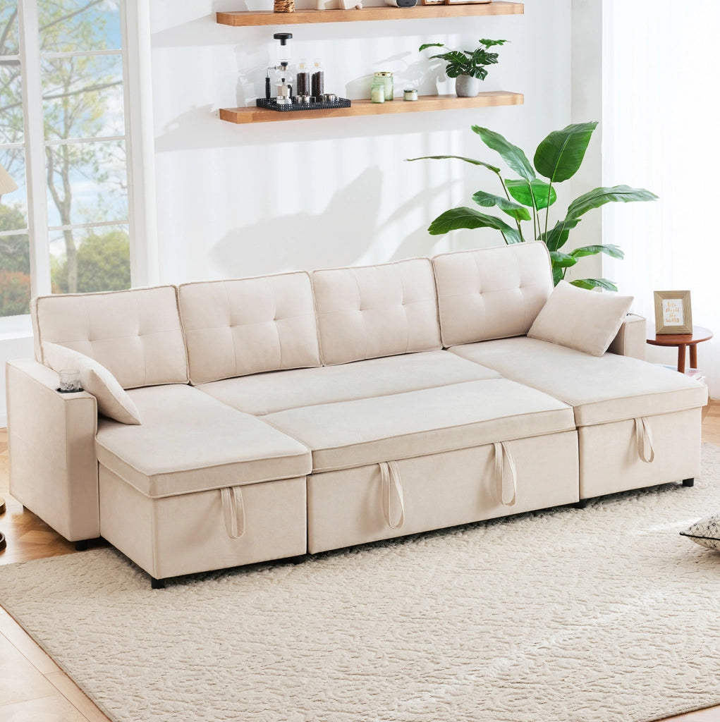Divano letto a U con contenitori; portabicchieri e 2 cuscini; 270x130x86 cm; beige effetto lino