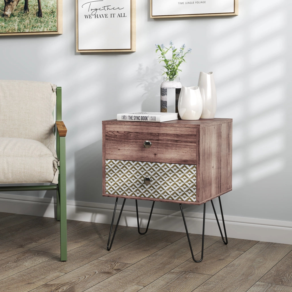 Comodino con 2 cassetti gambe in acciaio stile bohemien ¨C zephmum ¨C Marrone 45x39x55,5 cm