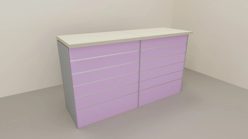 Banco cassa espositivo da negozio con pannello dogato in vari colori cm. 184x64x106h