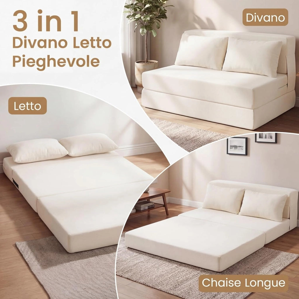 3 in 1 Divano Letto Pieghevole, Poltrona Letto Convertibile con 2 Cuscini, Divano a 2 Posti in Tessuto Chenille, per Soggiorno Camera da Letto Ufficio (Beige,L)