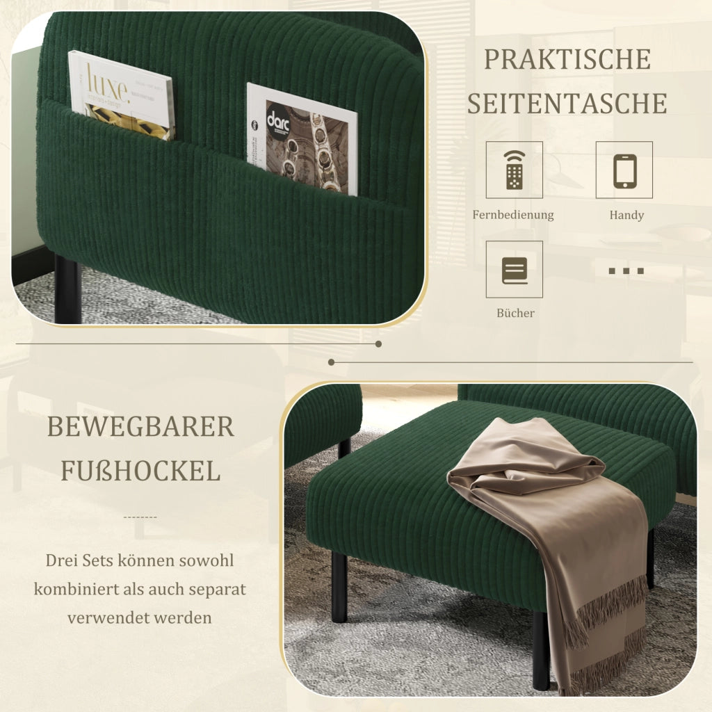 Set 3 pezzi con divano 2 posti; poltrona e pouf in velluto a coste; verde smeraldo