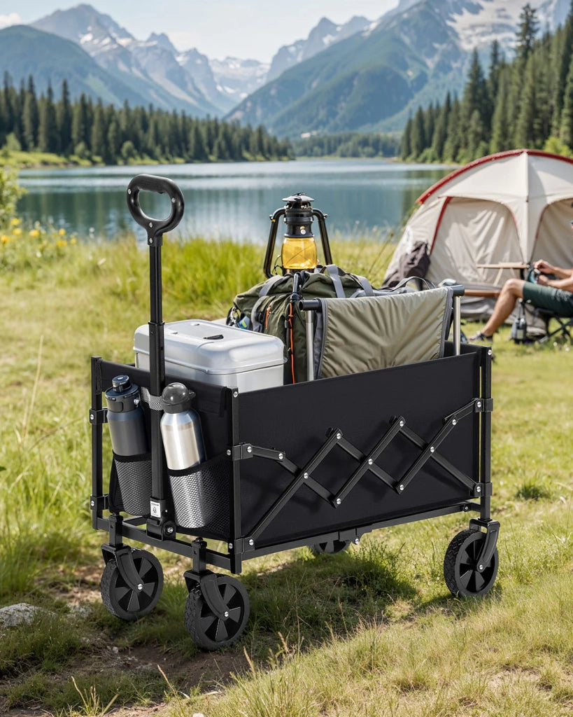 Carrello da trasporto pieghevole carrello da spiaggia carrello da campeggio con maniglia 4 ruote rinforzate di cui 2 universali portata 150 kg giardino esterno nero 2_0005031
