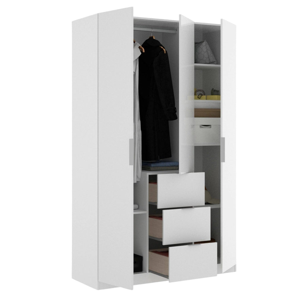 Guardaroba Anabela, Mobile appendiabiti per camera da letto, Armadio a 3 ante battenti e 3 cassetti, 135x52h204 cm, Bianco