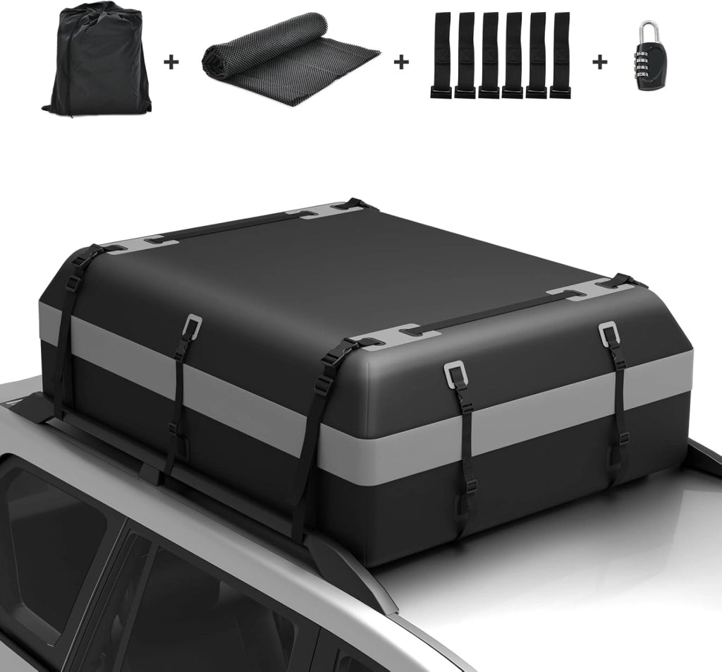 Borsa da Tetto per Auto Impermeabile 21Cu.Ft/595L, Box Tetto Universale con Tappetino Antiscivolo+ 12/14 Cinghie+ 6 Ganci, Sacca per Auto con/senza Barre Portapacchi (Grigio, 21Cu.Ft/595L)