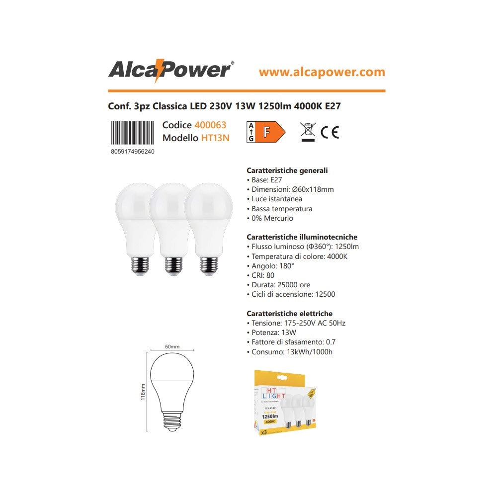 Alca power a60 13w 175-250v 1250lm 4000k e27 lampada classica a led box da 3pz