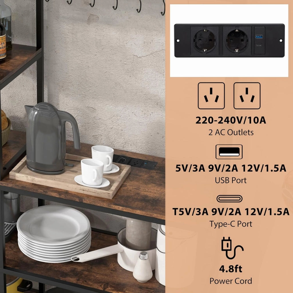 GIANTEX Scaffale da cucina a 5 livelli, supporto a microonde con 2 prese, 10 ganci a S, telaio in metallo, gambe regolabili, dispositivo antiribaltamento, bar da caffè, scaffale per cucina