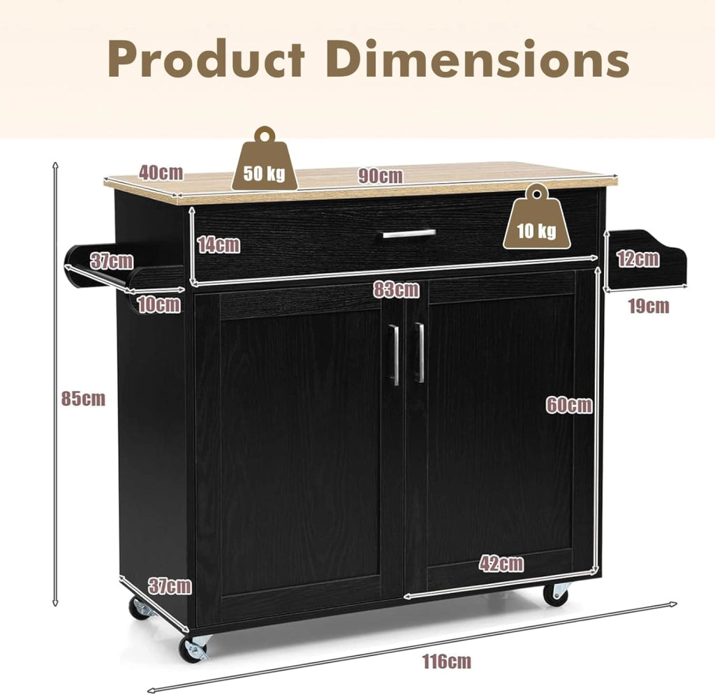 Carrello da Cucina con Ruote di Gomma, Isola Cucina con Cassetto e Ripiano Regolabile, Mobile Credenza Salvaspazio Porta Microonde, Portaspezie, Portasciugamani, 116 x 40 x 85 cm (Nero)