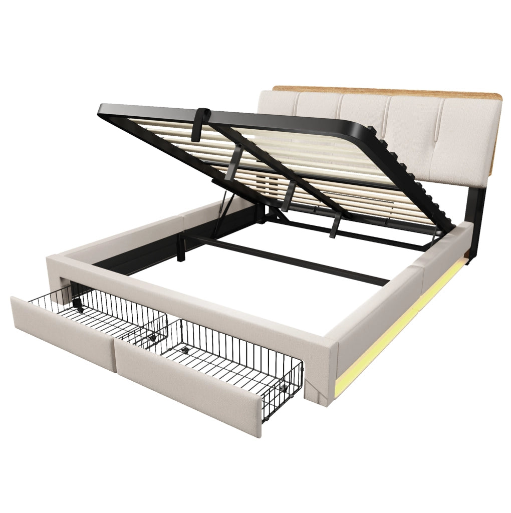 Letto matrimoniale imbottito 140x200 cm con contenitore idraulico; LED; USB e Type-C; beige in lino
