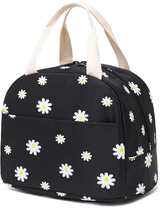 Borsa Insolata a Fiori per Donne e Ragazze, Borsa da Picnic Reutilizzabile, Borsa per Lavoro, Scuola e Viaggio (Nero)