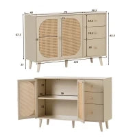 Credenza Moderna per Soggiorno con 2 Ante in Rattan e 3 Cassetti, Multiuso e Spaziosa, Bianco