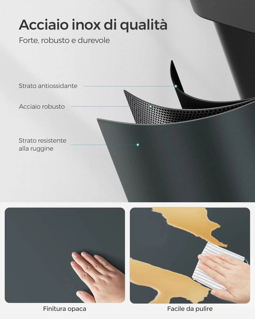 SONGMICS Cestino da Cucina, Pattumiera per Riciclaggio, Pattumiera Tripla a Pedale, in Metallo da 45 Litri, per Raccolta Differenziata, 3 x 15L, con Coperchio, Acciaio, Grigio Verdastro LTB45G