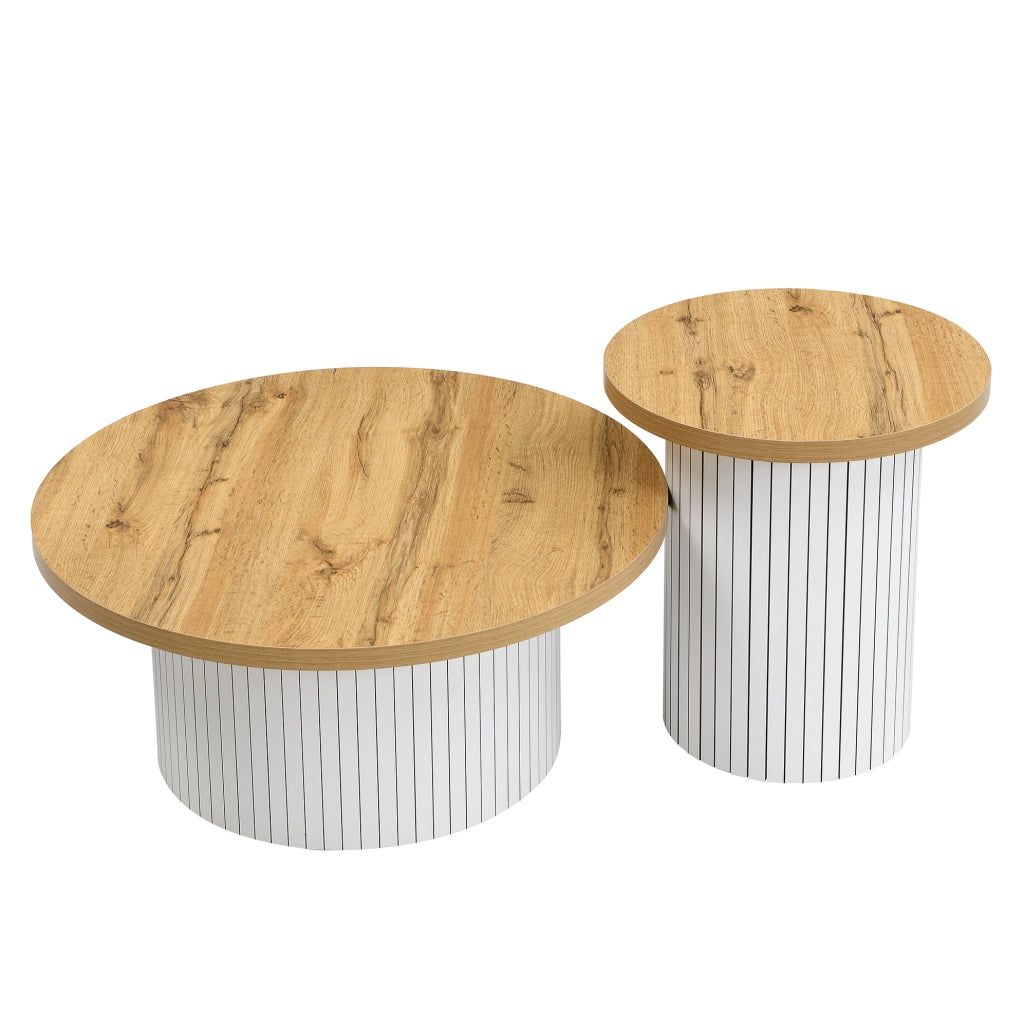 Set tavolini da salotto rotondi in MDF naturale; 75x75x50 cm e 45x45x35 cm