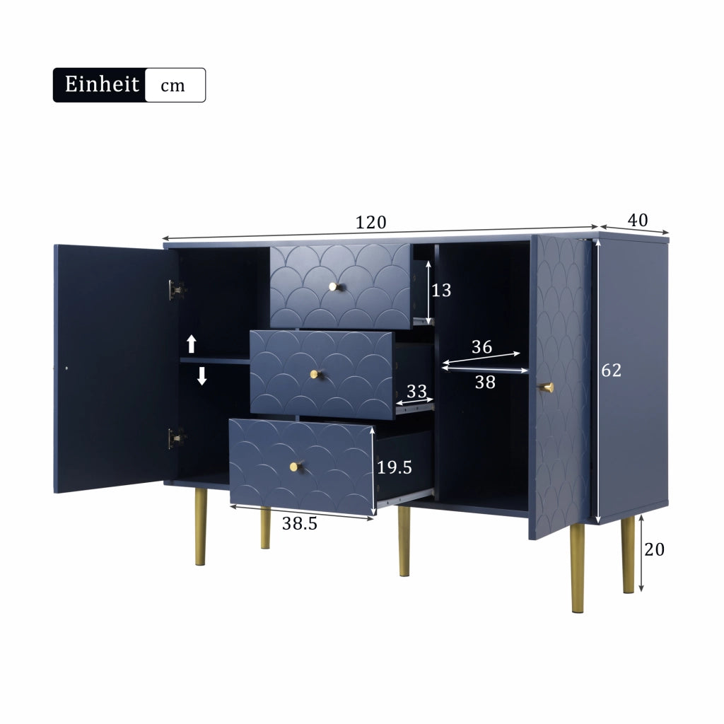 OKWISH Credenza con 2 Ante e 3 Cassetti, Ripiano Regolabile, per Soggiorno o Camera, Legno e Metallo, 120 x 40 x 83 cm