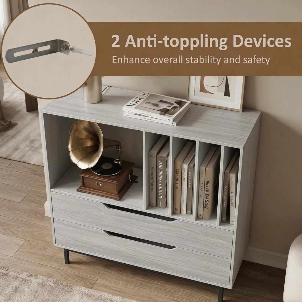 Supporto per Giradischi con Scomparto Aperto e 2 Cassetti, Mobile Vinili con Gambe in Metallo, Espositore per Dischi per Camera da Letto, Soggiorno, Studio (Grigio)