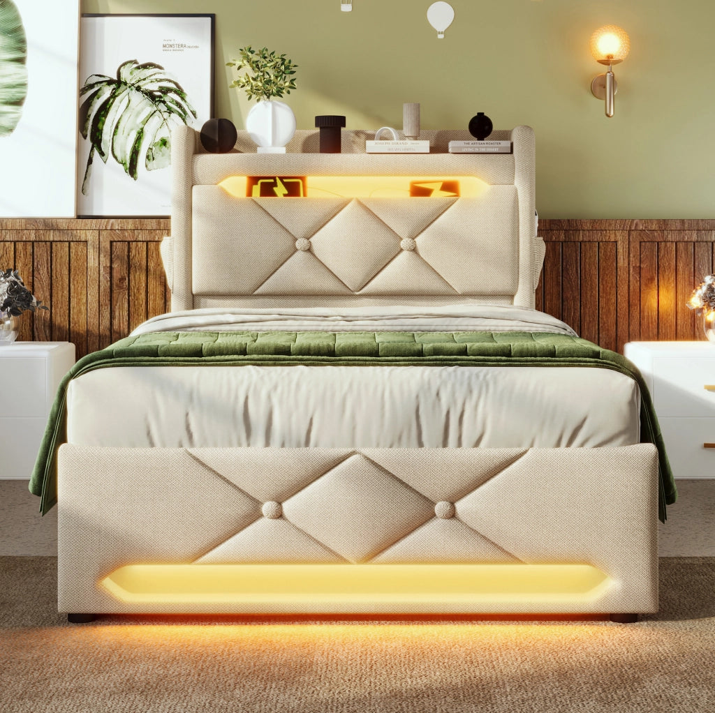 Letto singolo 90x200 in lino beige con LED; USB e porta Type-C