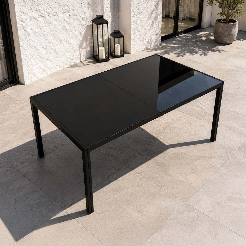 Tavolo da Pranzo per Interno ed Esterno 150x90 cm, Piano in Vetro Temperato Nero 5 mm e Struttura in Acciaio, Tavolo Moderno per 6 Persone, Ideale per Giardino, Terrazza, Cucina e Sala da Pranzo