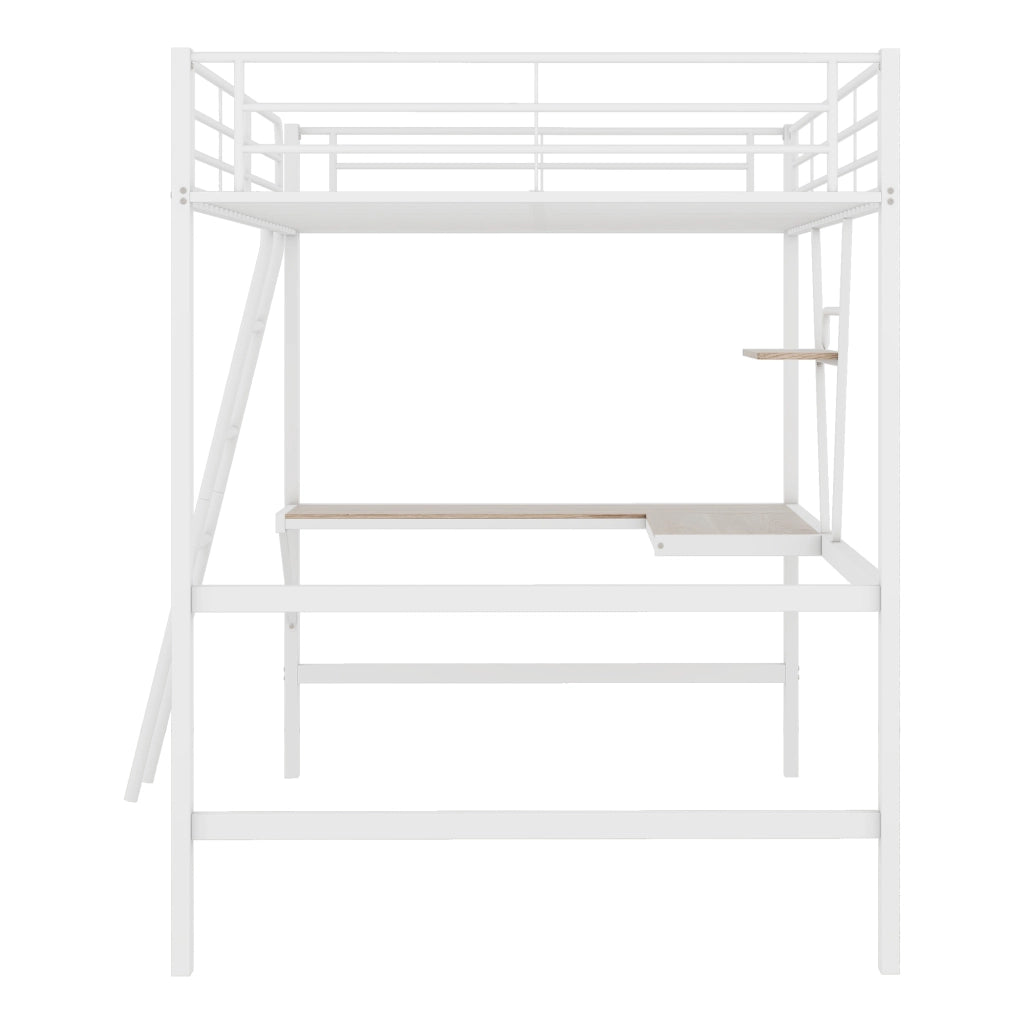 Letto a castello bianco in metallo con scrivania a l e scaffale 90x200 cm