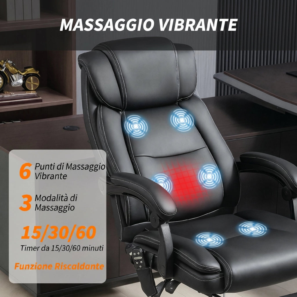 Sedia da Ufficio Massaggiante e Riscaldata, Reclinabile in Pelle PU, con Telecomando e Poggiapiedi, Nero