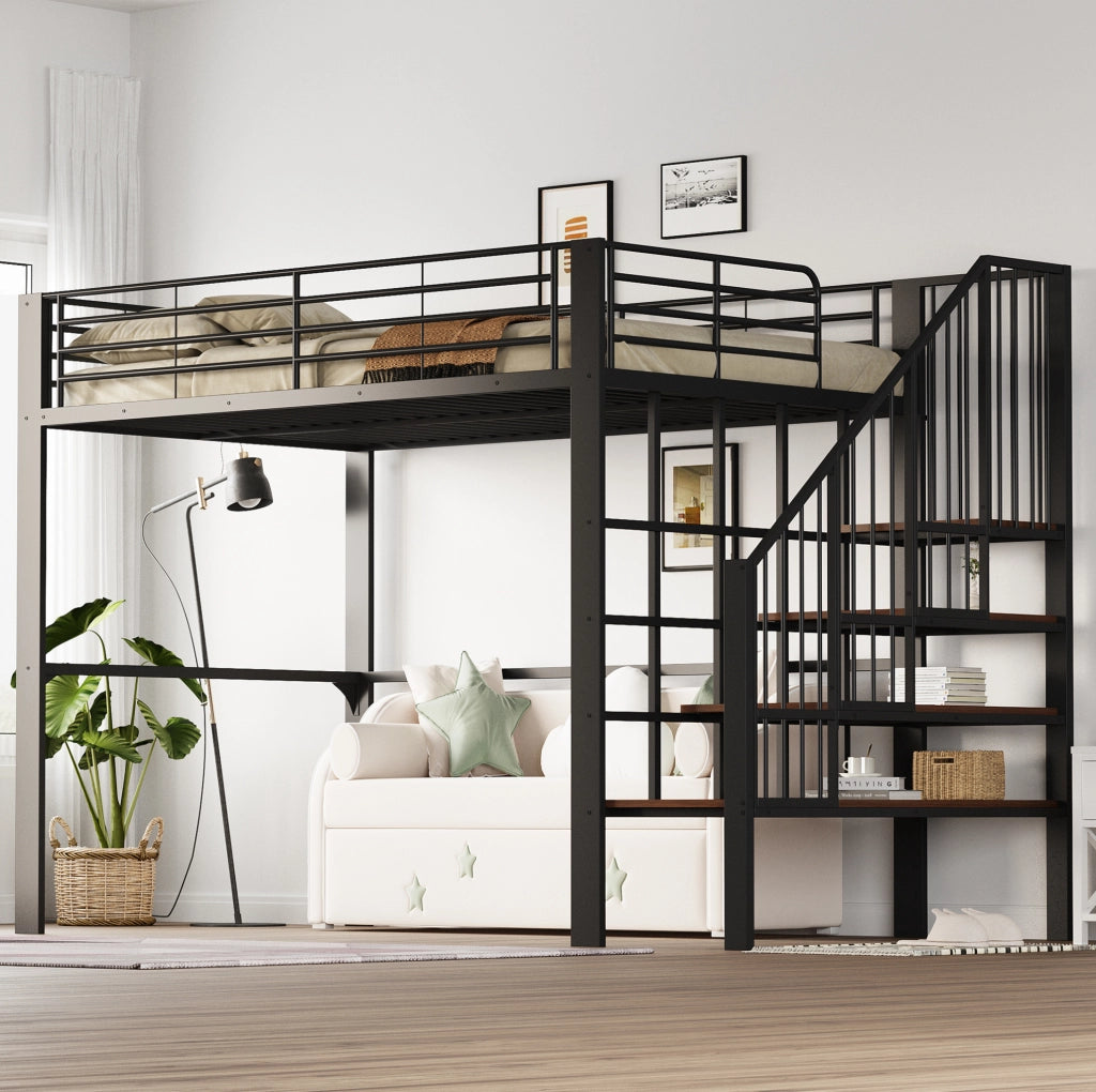 Letto a soppalco 140x200 cm con scala e spazio contenitore; metallo e legno; nero