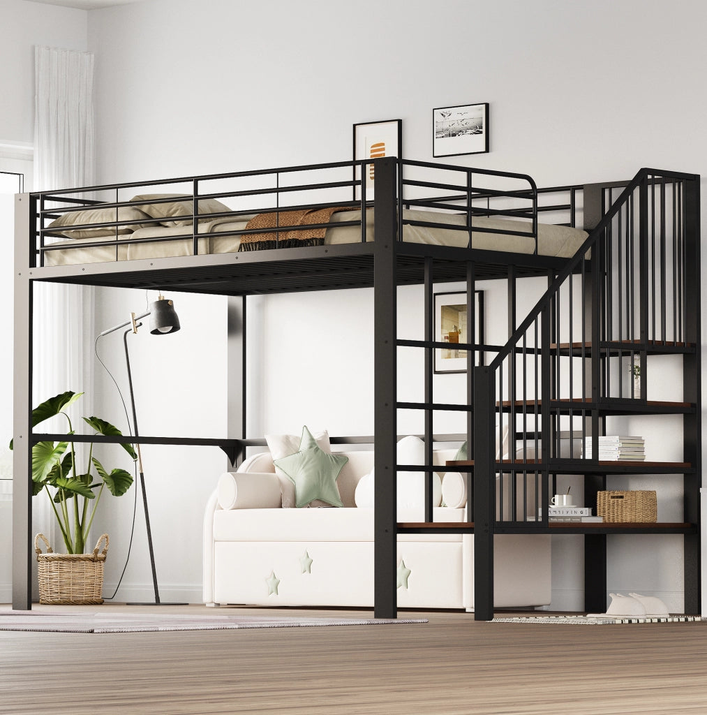 Letto a soppalco 140x200 cm con scala e spazio contenitore; metallo e legno; nero
