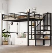 Letto a soppalco 140x200 cm con scala e spazio contenitore; metallo e legno; nero