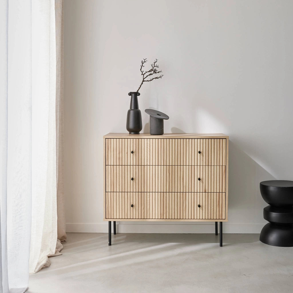 Cassettiera, decoro in legno scanalato, 3 cassetti, marrone naturale