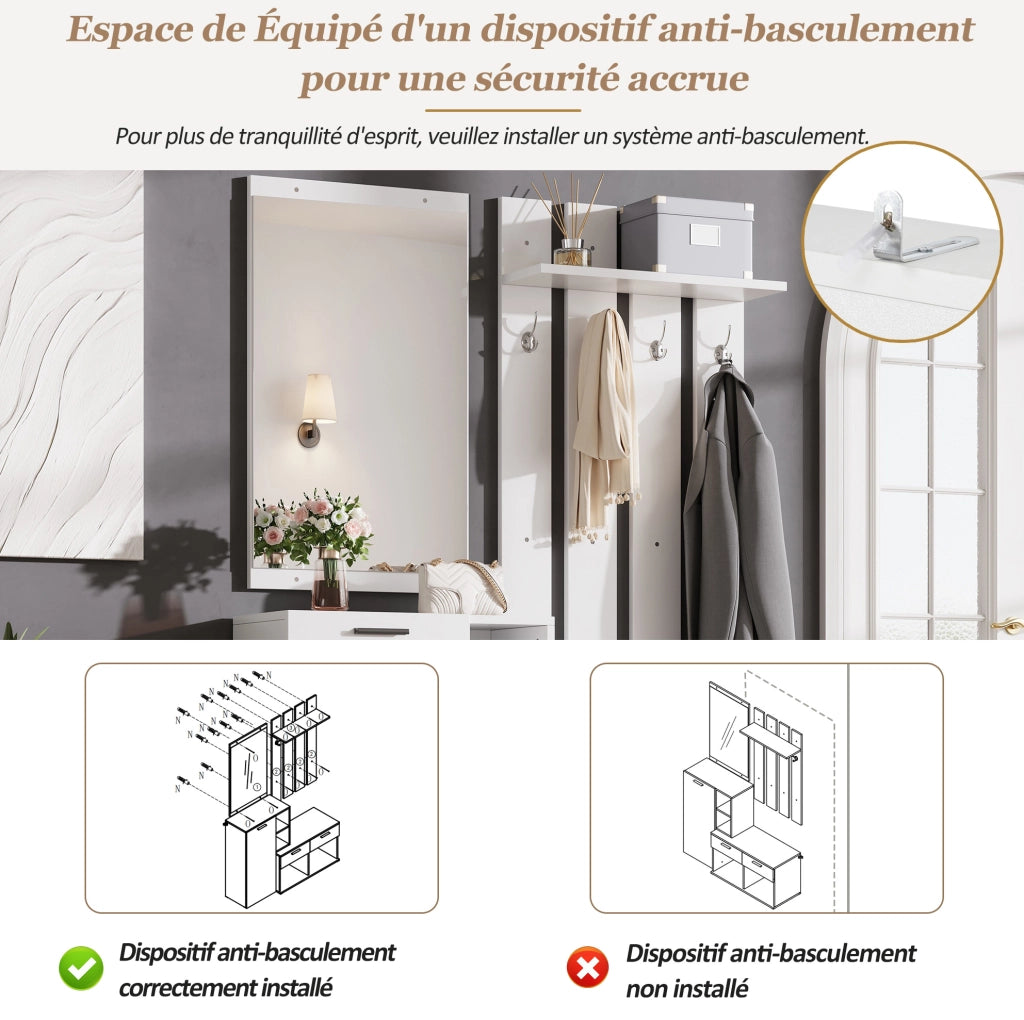 Mobile ingresso con specchio; scarpiera; ganci e 2 cassetti; 120x35x175;5 cm; bianco