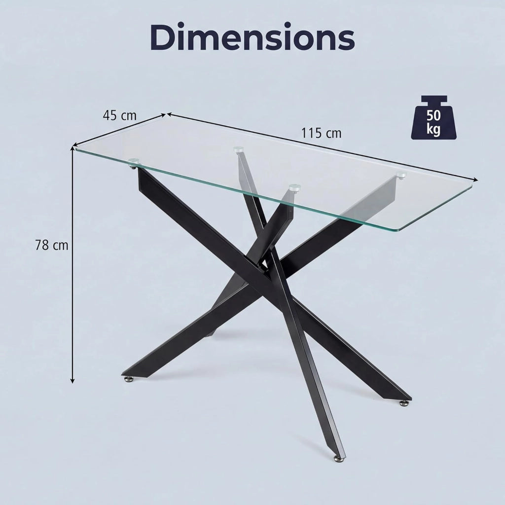 Tavolo Consolle in Vetro Temperato 115 x 45 x 78 cm, Consolle Ingresso Telaio Robusto con Gambe in Metallo Incrociate e Piedini Regolabili, Salvaspazio, per Soggiorno e Corridoio