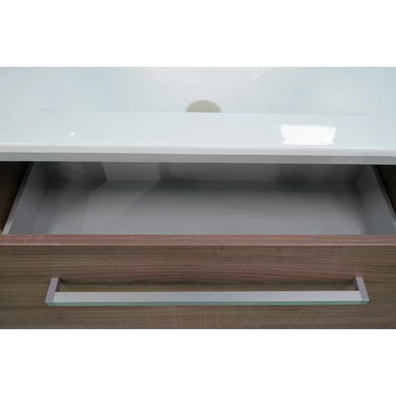 Mobile bagno sospeso noce tranchè 90 cm serie kio con lavabo e specchio