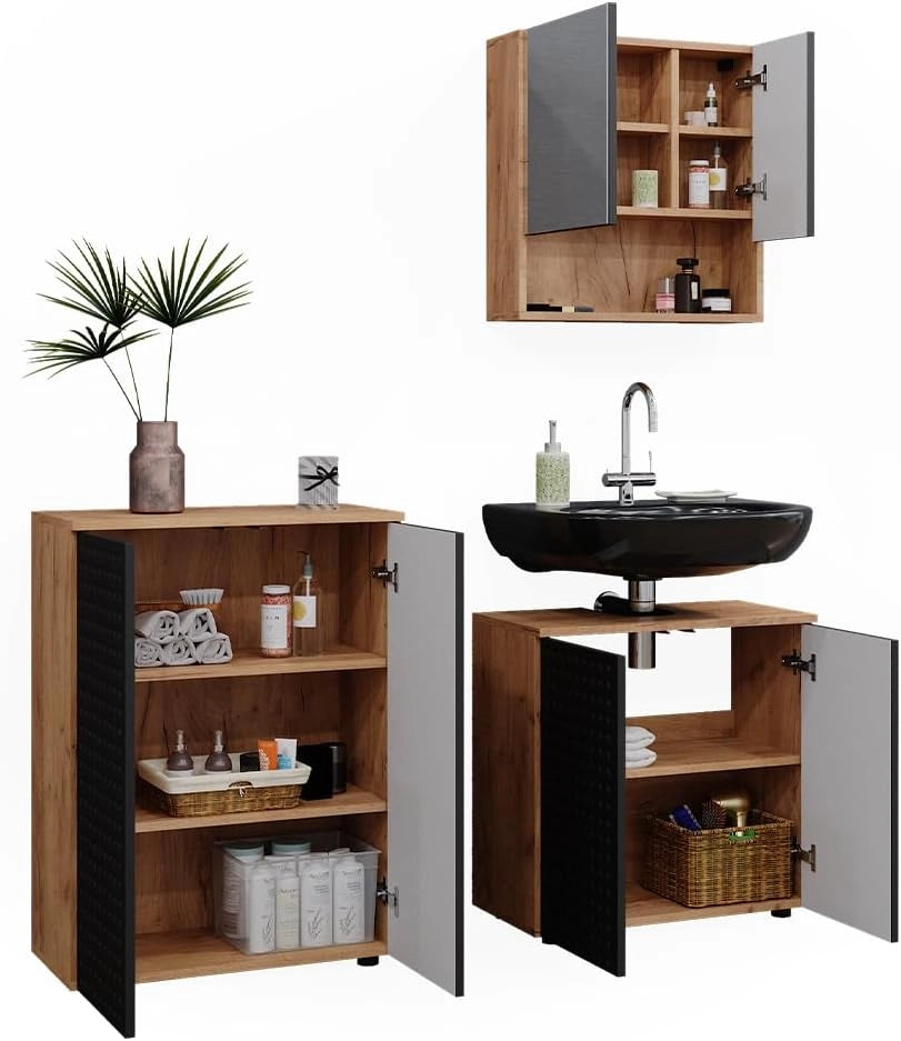 Set mobili bagno Irma, Antracite puntinato, 3 parti, con unità di base 60 cm, composto da mobile sottolavabo, specchiera e mobile medio