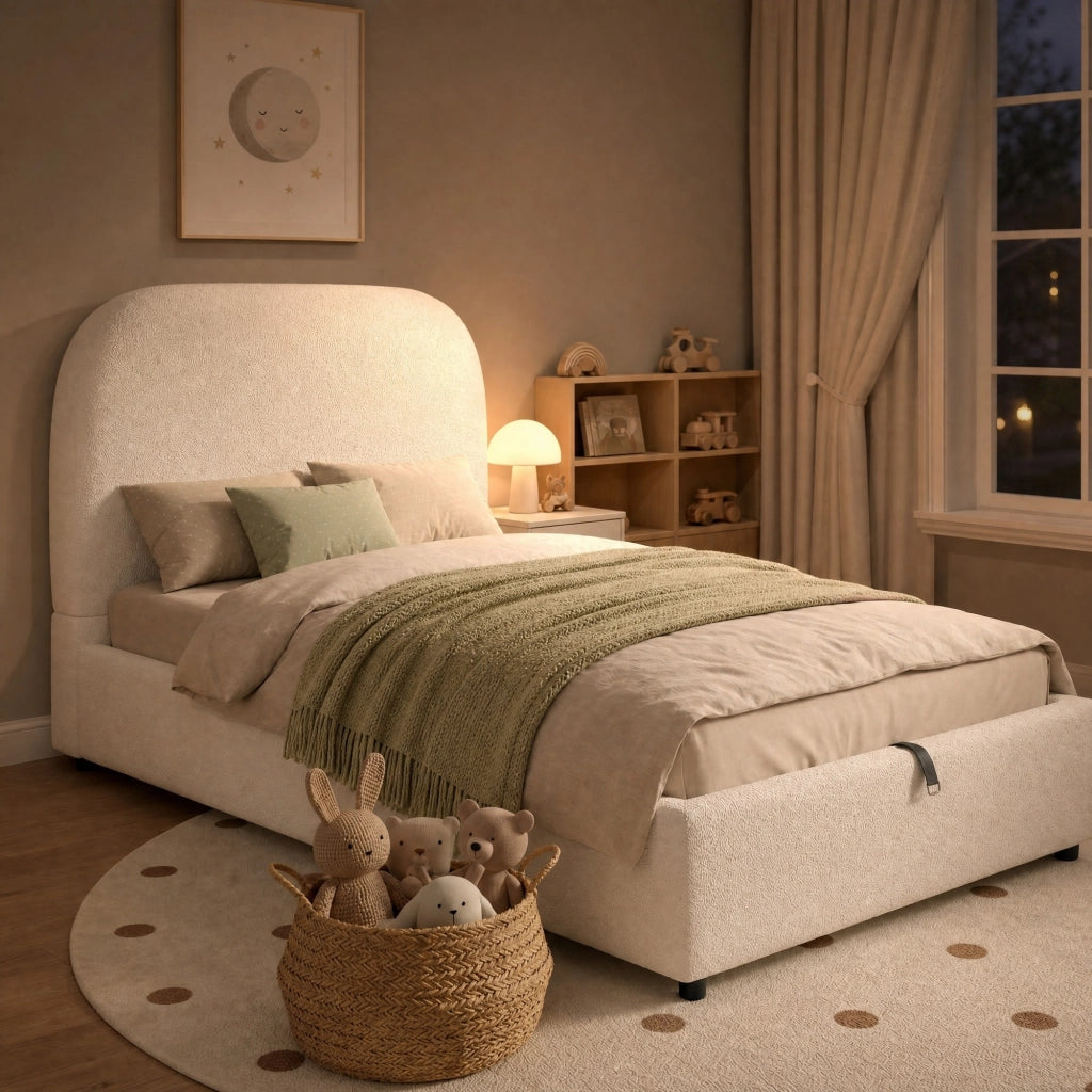 Letto imbottito per bambini con contenitore idraulico; rete a doghe; bouclé beige