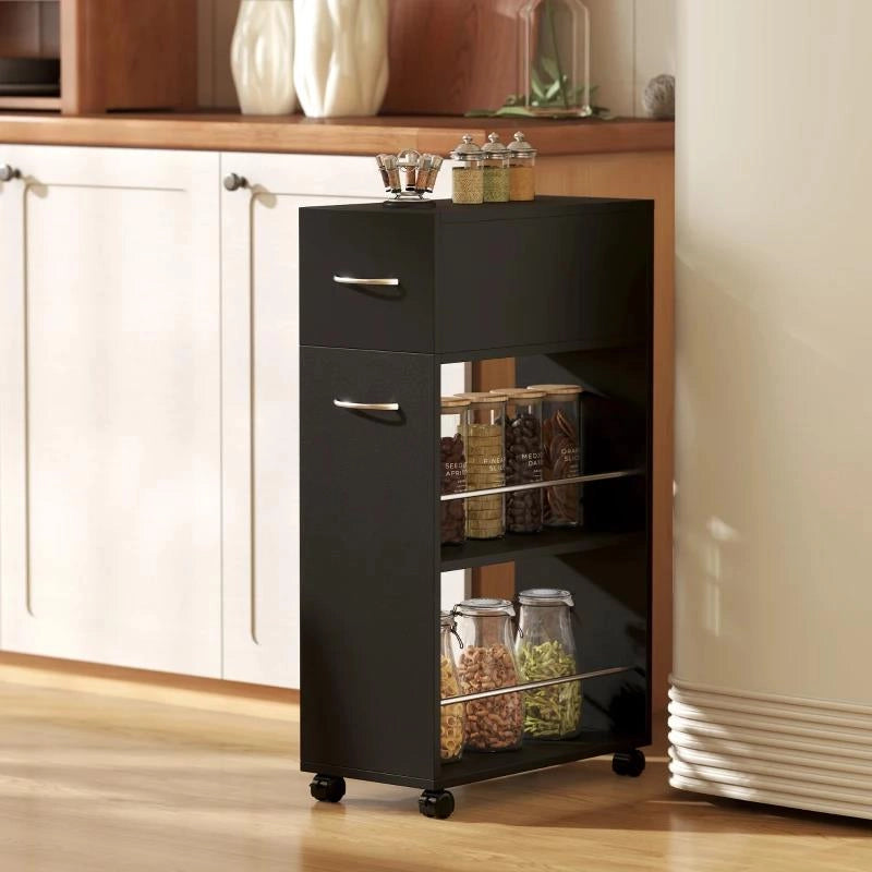 CARRELLO DA CUCINA CON 2 RIPIANI APERTI, CASSETTO E PARAPETTI, LEGNO E ACCIAIO INOX, 25X50X85 CM, NERO