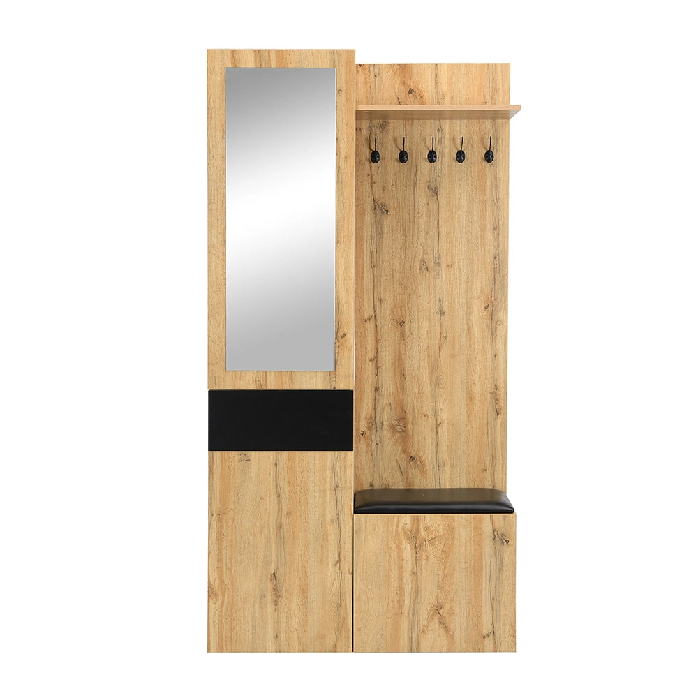 Set armadio con specchio e panchina - Xylo - 5 ganci, mensole, cassetti, vani di stoccaggio