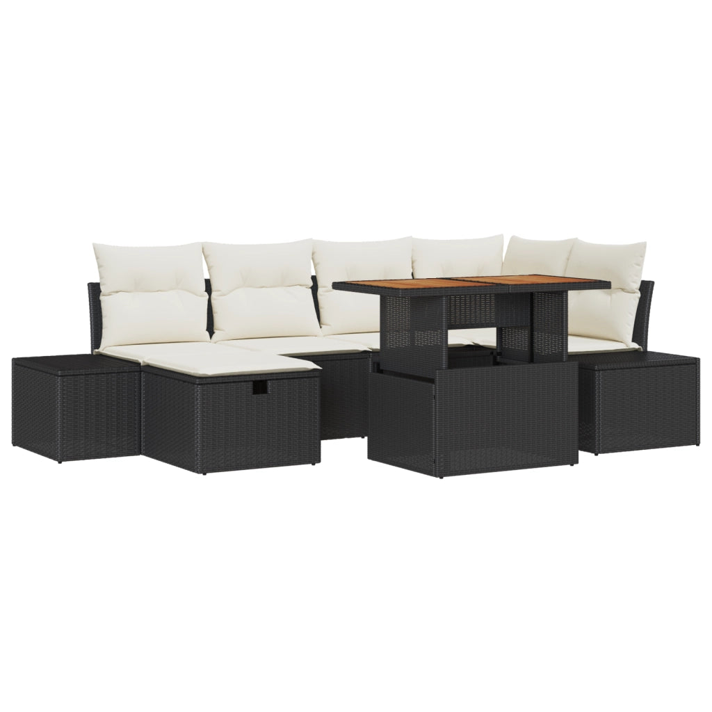 Set da Pranzo da Giardino 7 Pezzi con Cuscini Nero Polyrattan Acacia