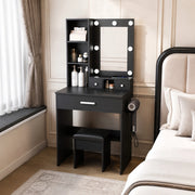 Toeletta nera in MDF con specchio LED, presa e sgabello