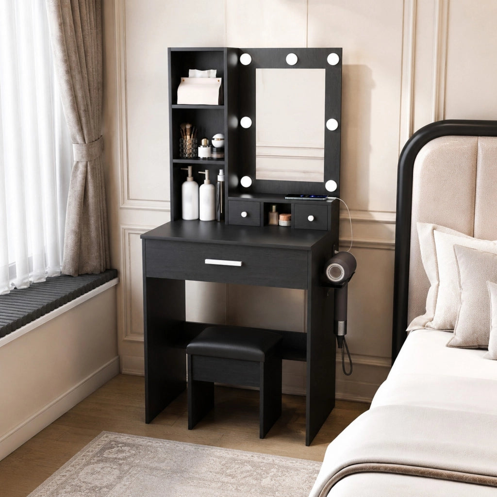 Toeletta nera in MDF con specchio LED, presa e sgabello