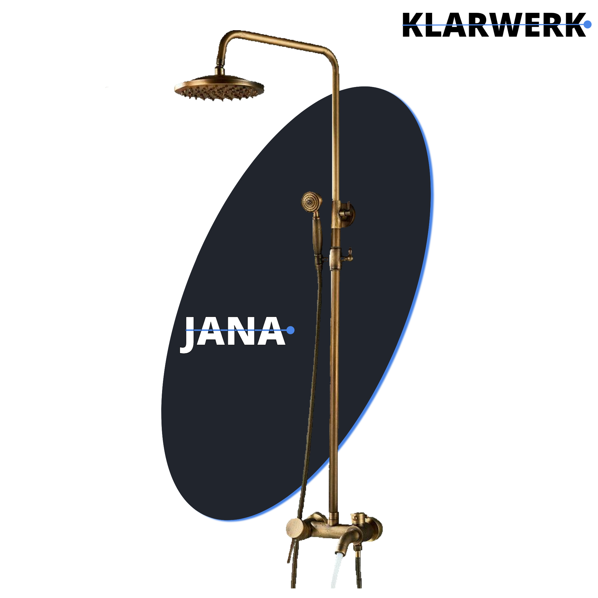 JANA | Set doccia vintage ottone non laccato in acciaio inox | Miscelatore doccia dal design retrò | Miscelatore doccia completo di doccetta